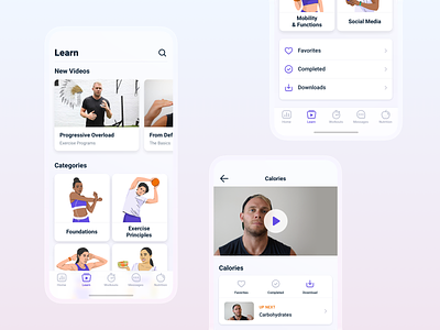 Educational videos of body, training and nutrition app appdesign fitness illustration interface ios minimal ui ux videos