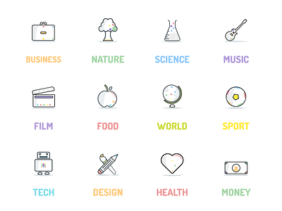 News App Icon Set business film food health illustrations money music nature science sport tech world