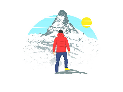 Climber's High alps art blue climber hiking illustration man mountain peak red