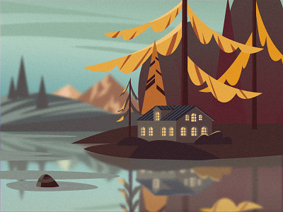 Осенний пейзаж graphic design illustration vector горы домик облака озеро осень пейзаж природа