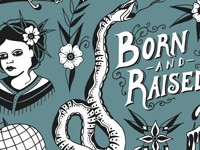 Born & Raised flash flowers graphic design hand lettering illustration