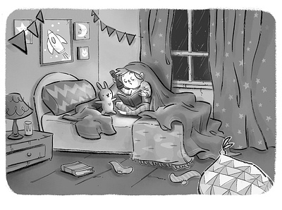 rain bedroom blackandwhite books childrens illustration cozy digital illustration illustration kids illustration nighttime rain reading stuffed animal