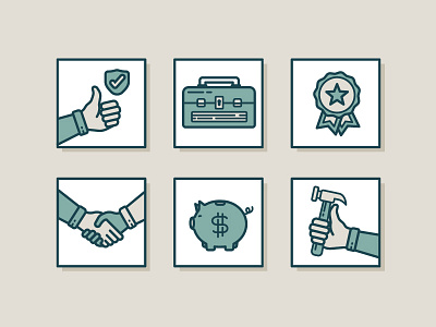 Custom Icons flat hammer hands icon design icons illustration line work piggy bank ribbon service thumbs up toolbox