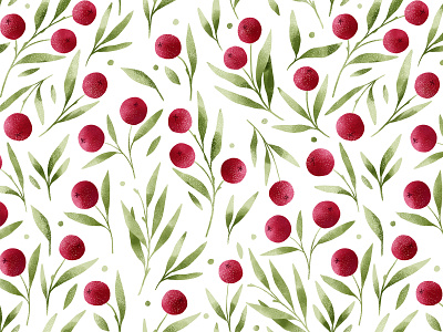 Red berries, green leaves seamless pattern