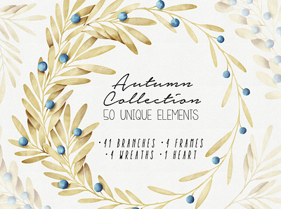 Autumn Leaves Collection autumn berries botanical botany eucalyptus fall gold illustration leaves watercolor wreath