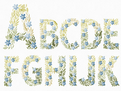 Floral ABC.  Blue flowers and green leaves letters.