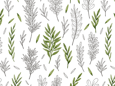 Sketched and watercolor leaves and branches patttern background botanical botany floral illustration leaves pattern seamless textile watercolor