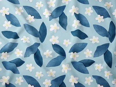 Blue Leaves and White Flowers Pattern blossom blue florals blue leaves botanical botany cute florals cute pattern fabric design floral pattern illustration kids room leaves packaging pattern seamless textile pattern wallpaper watercolor white flowers wrapping paper