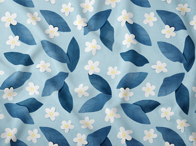 Blue Leaves and White Flowers Pattern blossom blue florals blue leaves botanical botany cute florals cute pattern fabric design floral pattern illustration kids room leaves packaging pattern seamless textile pattern wallpaper watercolor white flowers wrapping paper
