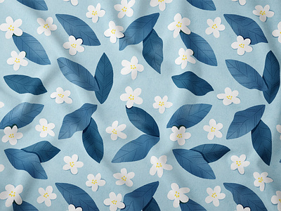 Blue Leaves and White Flowers Pattern