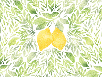 Lemons and symmetrical leaves background botanical botany citrus fruit illustration leaves lemons pattern pencil drawing seamless sicily textile watercolor wrapping paper