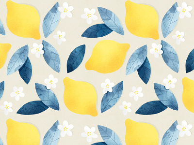 Lemons and blue leaves pattern background botanical botany citrus fabrics fruit illustration leaves lemons lemons pattern pattern seamless summer textile design wallpaper watercolor wrapping paper yellow and blue