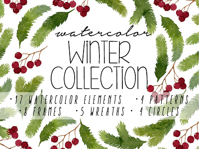 Watercolor Winter Collection berries botanical botany christmas christmas card illustration pine watercolor winter wreath