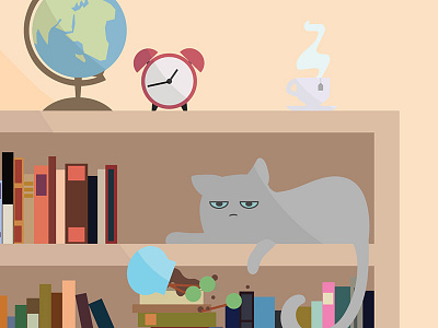 Grumpy Awakening bookshelf cat clock cute globe grumpy kitty plant sleepy tea teapot