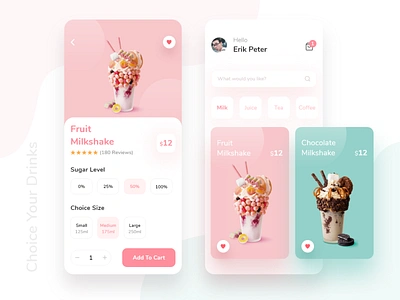 Drinks Shop App android app beverages clean design drinks gradient ios light milkshake minimal mobile modern onlineshop product tea typography ui ux wireframe