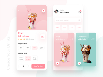 Drinks Shop App android app beverages clean design drinks gradient ios light milkshake minimal mobile modern onlineshop product tea typography ui ux wireframe