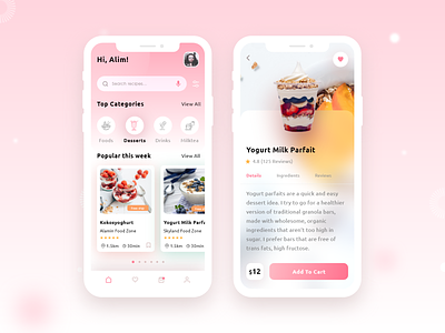 Food Recipe Mobile App 🍦🍨🥧 deliveryfood desserts food fooddelivery menu mobile mobile ui new order prototype research simple smoothe treny typography uiux uxdesign warmcolor wireframe xd