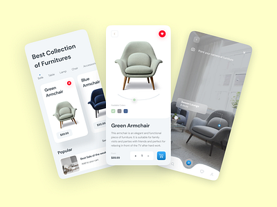 Furnitures AR App UI Concept android app ar designsystem figma furniture app interaction ios minimal mobile mobileui sketch trendy ui uiapp uidesign ux vr wireframe xd