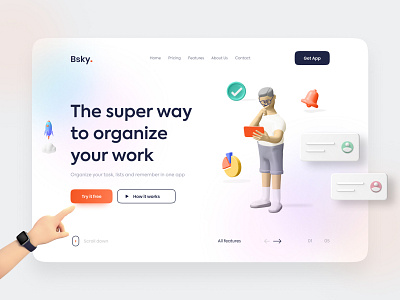 Landing page hero section / Bsky 🚀 3d app figma interaction mobile new schedule sketch task trending ui uidesign uikit ux uxdesign web design weblayout website webui wireframe