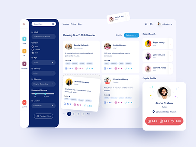 Influencer Dashboard UI 01 applicationdesign card design clean colorful dashboard dashboardui filters influencer influencer marketing profilecard search search results searchpage sidebar uiux uiuxdesign webapp webapplication webdesign website