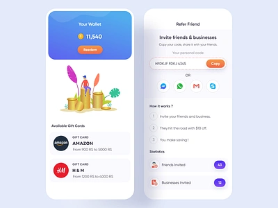 Directory App (Wallet & Refer) app design app gift cards app wallet boucher app directory app gift gift cards local business app mobile app design my wallet promotion app refer refer friend support community ui design