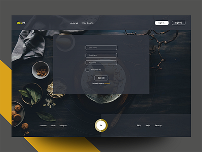 Web Apps (Restaurant Sign Up) conceptual project work details name password pop up register remember me restaurant finding apps sign up user interface concept user register form design web application design idea