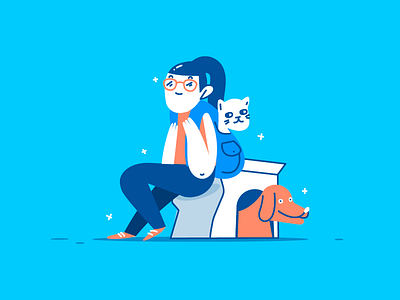 Home is where your pet is blue box cat dog girl illustration move moving pet shine