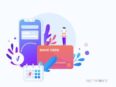 Fast payments application bank calendar gradient illustration phone ui
