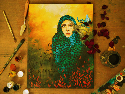 The bird girl bird color commissioned illustration painting