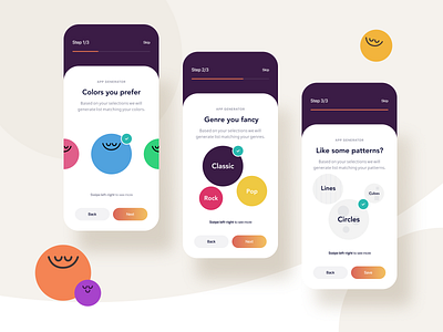 Patterns Generator app buttons clean colorful funny generator minimal mobile muzli onboarding product skip smile steps swipe ui