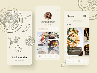 Recipe studio app card clean food grocery app hobby illustration interface list menu menubar mobile muzli product profile ui vector