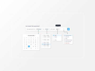 Appointment template appointment arrows booking calendar chat chatbot clean dropdown menu messages product time tooltip ux