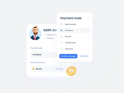 Payment route app card cards clean crm crypto currency dropdown finance icon input interface nft payment payroll product profile radiobutton saas user