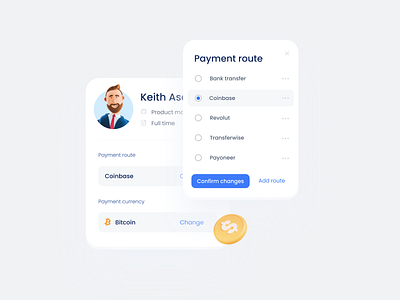 Payment route app card cards clean crm crypto currency dropdown finance icon input interface nft payment payroll product profile radiobutton saas user