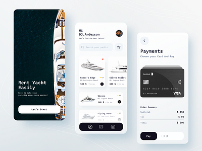 Rent Yacht app cards credit card list menu mobile onboarding pay rent search tab visa yacht
