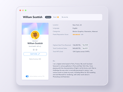 Profile app background bio bitcoin crypto form interface market place nft nft platform product profile user