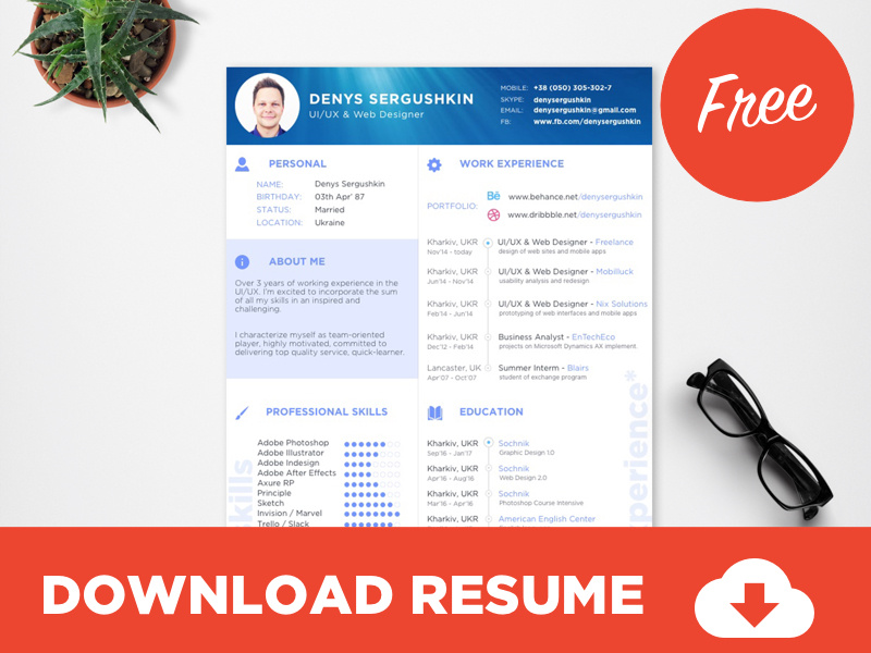 FREE Resume Template Download PSD + Sketch by Sergushkin.com for ...