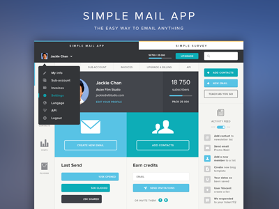 SimpleMail (Full View) - The easy way to email anything css dropdown email flat design grid system homepage icons profile pic simplemail trend webdesign