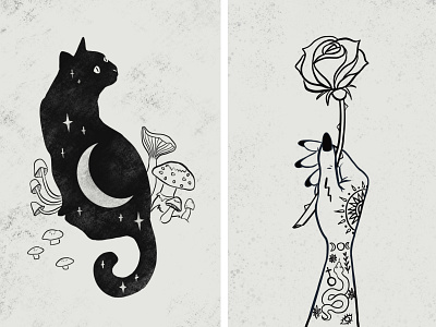 Witchy Season blackandwhite cat illustraion moon mushrooms procreate rose tattoo art witchy