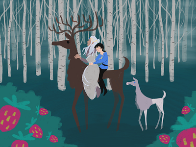 Children's book cover - Of Stones and Strawberries childrens book drawing elk elves forest green illustration procreate