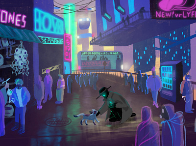 Sci-fi Stray cat fantasy green illustration procreate purple robot sci fi
