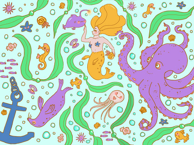 Selkie and the Octopus Illustration anchor bubbles cute illustration jellyfish mermaid ocean octopus purple seal selkie water