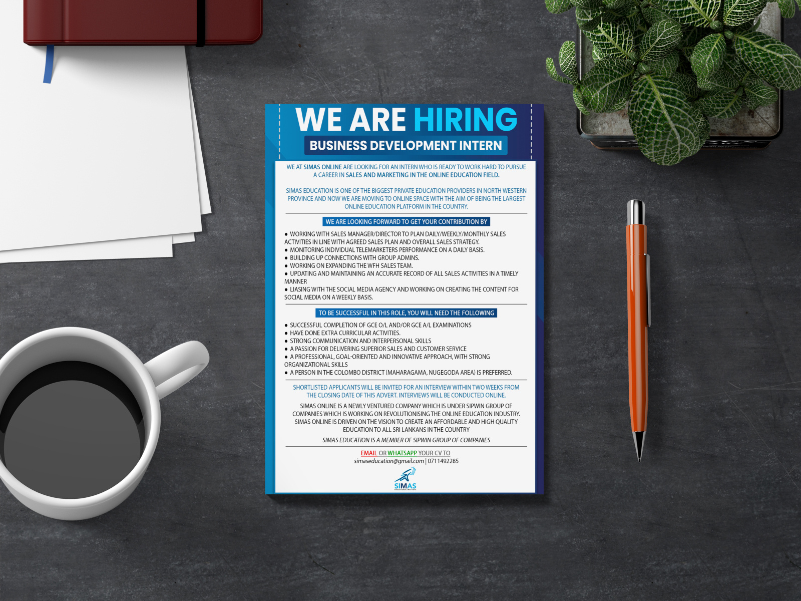 JOB VACANCY DESIGN SIMAS EDUCATIONAL INSTITUTE KURUNEGALA by Sachith