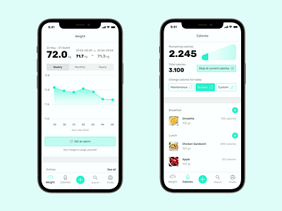 Tracking weight & calories with Weighty calories fitness food gradient graph light interface minimal mobile teal track typography ui weight