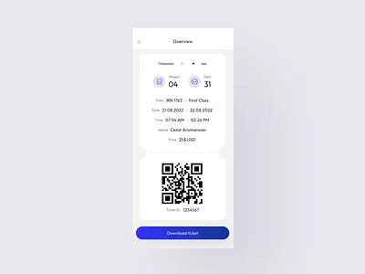 Train Booking App Concept — Ticket interaction after effects blue book a train ticket booking card design geometric home interactive list physical ticket protopie prototype qr code seat number soft shadows ticket train ui wagon