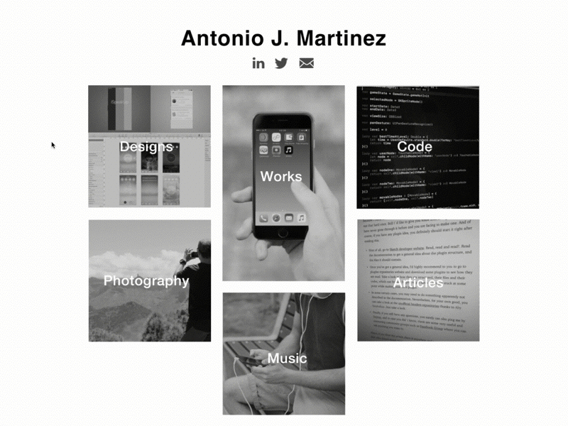Personal site - Antonio J. Martinez minimal website landing page homepage hover animation clean bw portfolio personal