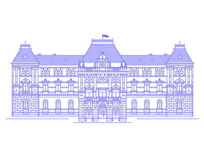 City Hall of Székelyudvarhely blue building city hall detailed line art minimal sekler