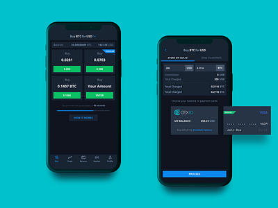 Trade. Mobile Application Design for Crypto Exchange CEX.IO. balance bitcoin exchange black dark app buy commission credit card credit card checkout crypto currency crypto fiat interface market mobile application design payment method store send to address total trade ui ux designer usd wallet