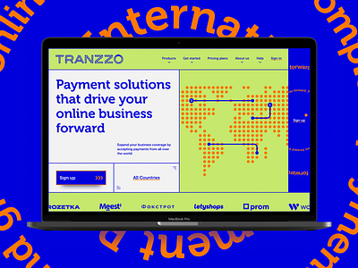 Tranzzo Payment System. Branding and Web Design Concept blue and green brand identity business desktop app finance app graphic design macbook menu menu bar money transfer navigation web pattern payment print and online sign up typography typography logotype ui ux web mobile interaction world map