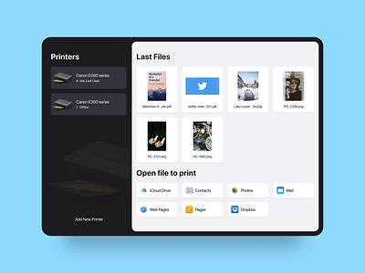 Interface design for print application for iPad black and white buttons canon dark design file system interaction interface ipad letter a4 mobile offline print printing responsible settings tablet ui ux wide